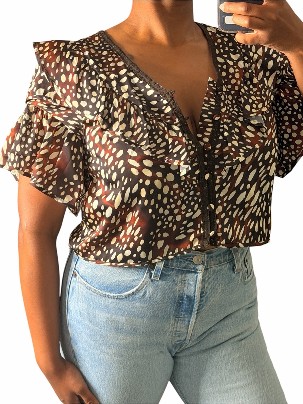 NWT Avec Les Filles Animal Print Ruffle Crop Blouse Brown Cream S